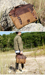 Cool Canvas Leather Mens Side Bag Black Shoulder Bag Khaki Messenger Bag for Men - imessengerbags
