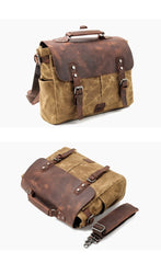 Cool Canvas Leather Mens Side Bag Black Shoulder Bag Khaki Messenger Bag for Men - imessengerbags