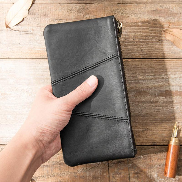 Cool Black Leather Mens Slim Long Zipper Clutch Wallet Long Wallet Phone Bag for Men - imessengerbags