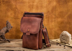 Cool Brown Leather Mens Belt Pouch Mini Shoulder Bag Belt Bag For Men