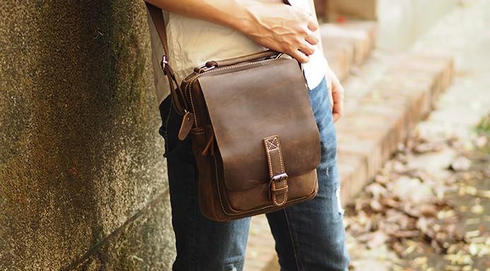 Cool Leather Mens Small Messenger Bag Side Bag Small Vintage Shoulder Bag for Men