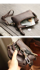 Cool Light Brown Leather Mens Card billfold Wallet Coin Purse Wristlet Car Key Wallet For Men