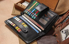 Cool Men long Leather Wallet Black Multi Cards Wallet for Men