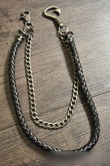 Cool Men's Black Braided Leather Double Skull Pants Chain Wallet Chain For Men - imessengerbags