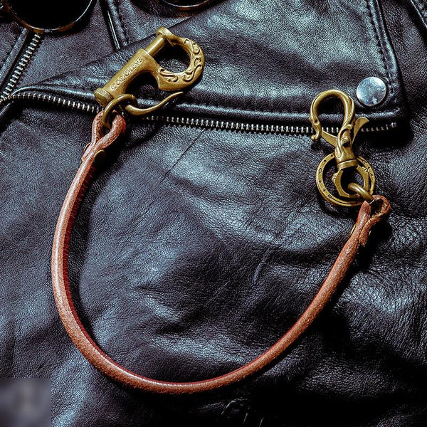 Cool Men's Leather Gold Brass Hook Key Chain Pants Chains Biker Wallet Chain For Men - imessengerbags