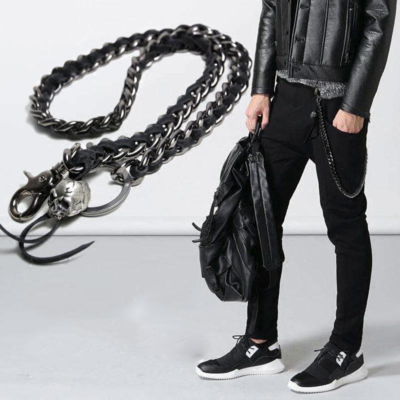Cool Men's Leather Stainless Steel Woven Skull Key Chain Pants Chain Biker Wallet Chain For Men - imessengerbags