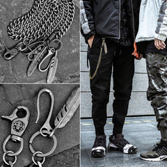 Cool Men's Skull Long Feather Pendant Hip Hop Stainless Steel Pants Chain Biker Wallet Chain For Men - imessengerbags