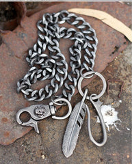Cool Men's Skull Long Feather Pendant Hip Hop Stainless Steel Pants Chain Biker Wallet Chain For Men - imessengerbags