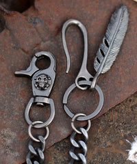 Cool Men's Skull Long Feather Pendant Hip Hop Stainless Steel Pants Chain Biker Wallet Chain For Men - imessengerbags