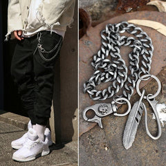 Cool Men's Skull Long Feather Pendant Hip Hop Stainless Steel Pants Chain Biker Wallet Chain For Men - imessengerbags