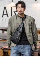 Cool Mens Black Leather Sling Bag Chest Bag Soft Black One Shoulder Backpack Sling Backpack for men - imessengerbags