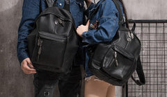 Cool Mens Black Leather School Backpack Travel Backpack Leather Hiking Backpack for Men - imessengerbags