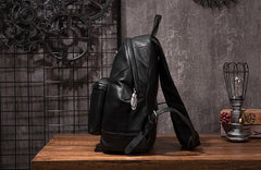 Cool Mens Black Leather School Backpack Travel Backpack Leather Hiking Backpack for Men - imessengerbags