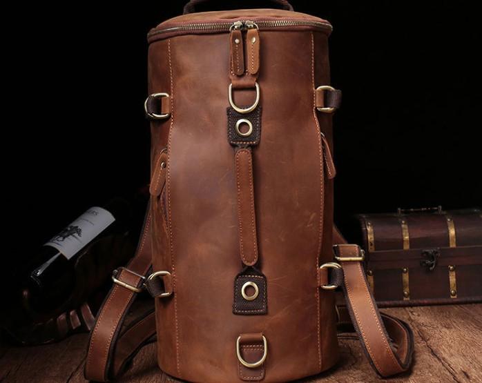 backpack purse for travel for mens Cool Mens Leather Barrel Backpack Overnight Bag Travel Backpack Weekender Bag for men