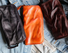 Cool Mens Leather Zipper Long Clutch Wallet Zipper Vintage Long Wallet For Men
