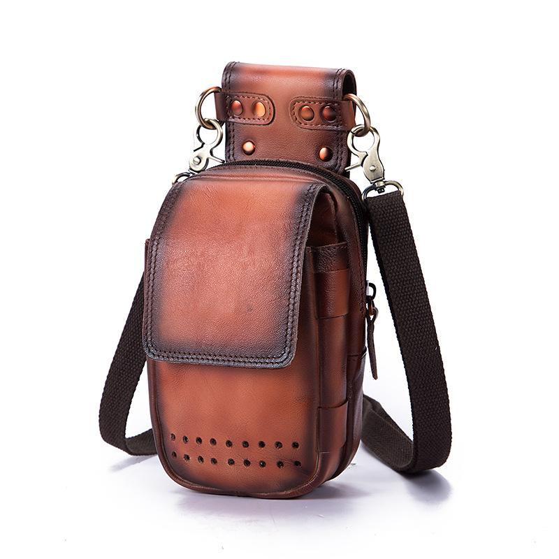 Cool Brown Leather Men s Cell Phone Holster Small Side Bag Mini Messenger Bag For Men