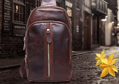 Cool Mens Red Brown Leather Chest Bag Sling Bag Crossbody Sling Bag For Men - imessengerbags