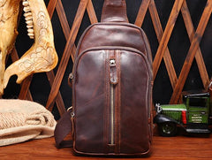 Cool Mens Red Brown Leather Chest Bag Sling Bag Crossbody Sling Bag For Men - imessengerbags