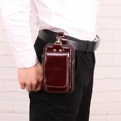 Cool Red Brown Oil Waxed Leather Mens Belt Case Belt Pouch Mini Waist Pouch Belt Bags For Men - imessengerbags