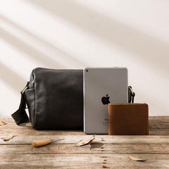 Cool Small Leather Black Mens Messenger Bags Shoulder Bags  for Men