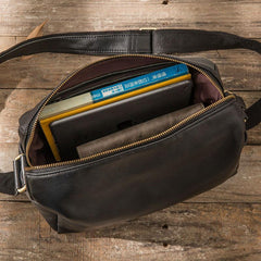 Cool Small Leather Black Mens Messenger Bags Shoulder Bags  for Men