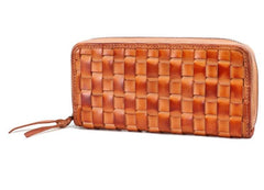Cool Tan Mens Leather Long Wallet Braided Zipper Long Wallet for Men