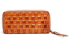 Cool Tan Mens Leather Long Wallet Braided Zipper Long Wallet for Men