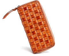 Cool Tan Mens Leather Long Wallet Braided Zipper Long Wallet for Men