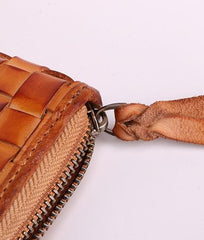 Cool Tan Mens Leather Long Wallet Braided Zipper Long Wallet for Men