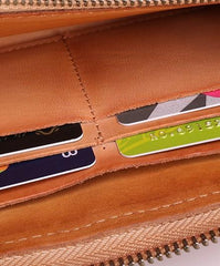 Cool Tan Mens Leather Long Wallet Braided Zipper Long Wallet for Men