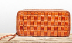 Cool Tan Mens Leather Long Wallet Braided Zipper Long Wallet for Men