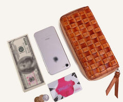 Cool Tan Mens Leather Long Wallet Braided Zipper Long Wallet for Men