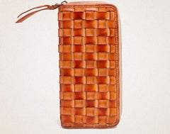 Cool Tan Mens Leather Long Wallet Braided Zipper Long Wallet for Men