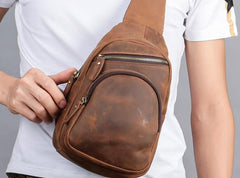 Cool Vintage Brown Leather Chest Bag Sling Bags Crossbody Sling Bag One Shoulder Backpack For Men - imessengerbags