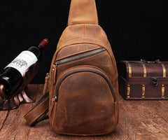 Cool Vintage Brown Leather Chest Bag Sling Bags Crossbody Sling Bag One Shoulder Backpack For Men - imessengerbags