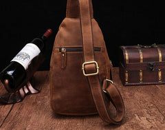Cool Vintage Brown Leather Chest Bag Sling Bags Crossbody Sling Bag One Shoulder Backpack For Men