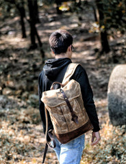 Cool Waxed Canvas Black Leather Waterproof 15'' Barrel Backpack Travel Backpack Bucket Hiking Backpack for Men - imessengerbags