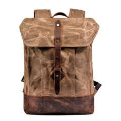 Cool Waxed Canvas Black Leather Waterproof 15'' Barrel Backpack Travel Backpack Bucket Hiking Backpack for Men - imessengerbags