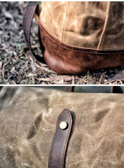 Cool Waxed Canvas Black Leather Waterproof 15'' Barrel Backpack Travel Backpack Bucket Hiking Backpack for Men - imessengerbags