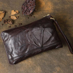 Cool Wrinkled Leather Mens Brown Long Wallet Wristlet Wallet Black Zipper Clutch Wallet for Men