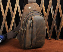 Cool Brown Mens Leather Chest Bags Sling Bag One Shoulder Backpack For Men