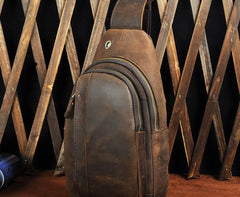Cool Brown Mens Leather Chest Bags Sling Bag One Shoulder Backpack For Men