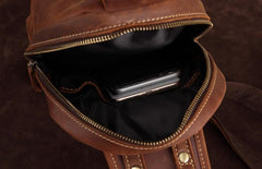Cool Dark Brown Mens Leather One Shoulder Backpack Chest Bag Sling Bag For Mens