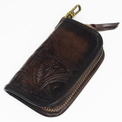 Vintage Embossed Brown Leather Men's Key Wallet Black Key Case Car Car Key Holder For Men - imessengerbags