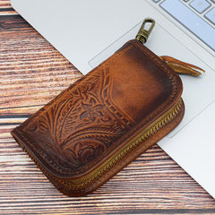 Vintage Embossed Brown Leather Men's Key Wallet Black Key Case Car Car Key Holder For Men - imessengerbags