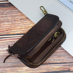 Vintage Embossed Brown Leather Men's Key Wallet Black Key Case Car Car Key Holder For Men - imessengerbags