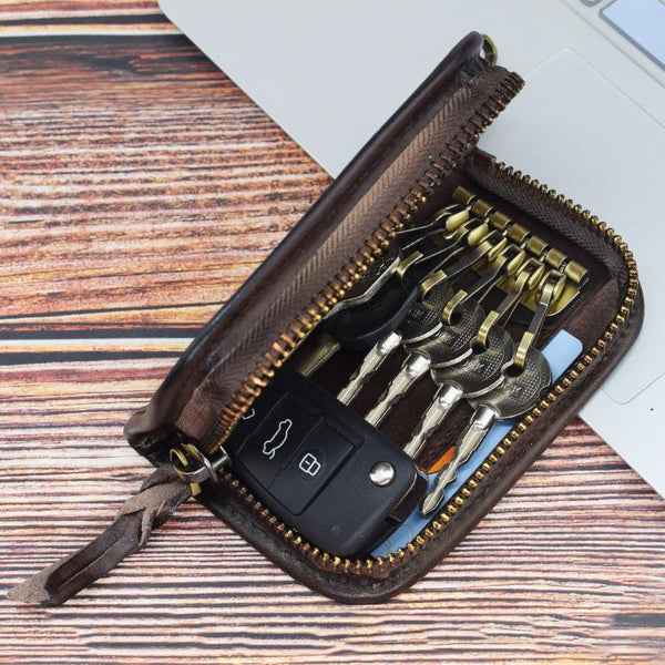 Vintage Embossed Brown Leather Men's Key Wallet Black Key Case Car Car Key Holder For Men - imessengerbags