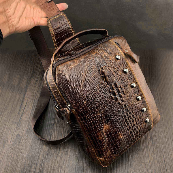 Badass Brown Leather Men's Sling Bag Chest Bag One shoulder Backpack Sling Bag For Men - imessengerbags