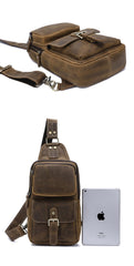 Brown Leather Men's Sling Bags Best Sling Pack Chest Bag One Shoulder Backpack For Men