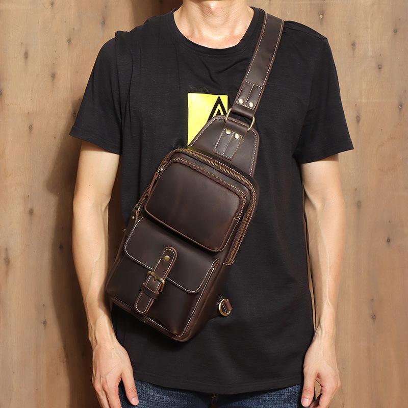 best sling bag for men travel Brown Leather Men's Sling Bags Best Sling Pack Chest Bag One Shoulder Backpack  For Men